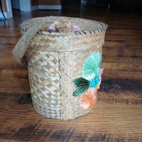 Vintage 1950s Woven Straw Raffia Floral Bucket Bag Purse Beach Picnic Tote MCM - Picture 6 of 14